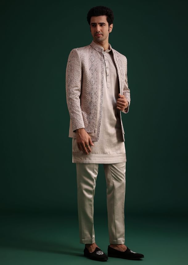 Grey Hand Work Jacket Kurta Set