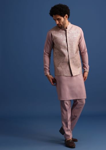 Lilac Embroidered Silk Kurta Jacket Set For Men