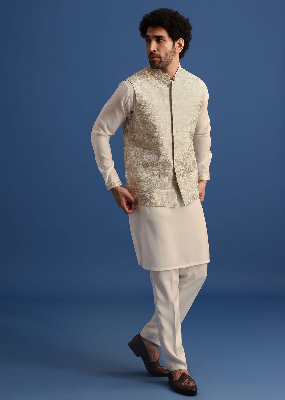 Buy Ivory Embroidered Silk Kurta Jacket Set For Men KALKI FASHION UK