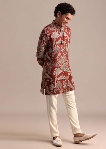 Red Floral Printed Kurta For Men
