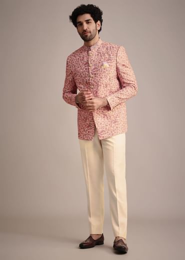 White And Cream Printed Silk Jodhpuri Suit