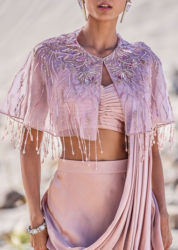 Beige Satin Draped Saree With Pleated Blouse And Embroidered Cape