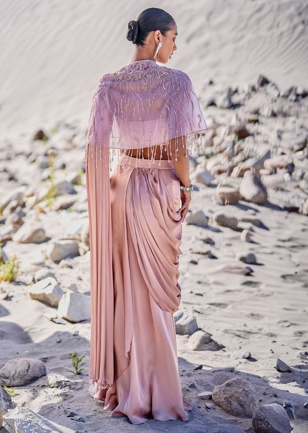 Beige Satin Draped Saree With Pleated Blouse And Embroidered Cape