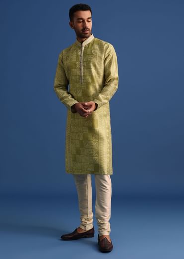 Olive Green Silk Printed Kurta Set