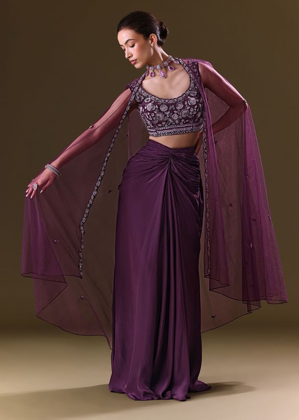 Purple Embroidered Drape Skirt With Embroidered Net Cape