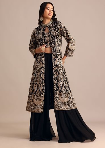 Black Embroidered Georgette Palazzo Suit With Long Embroidered Jacket
