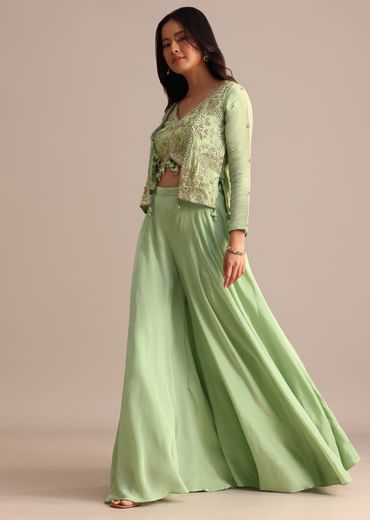 Embrace elegance with our Green Embroidered Tissue Crop Top And Palazzo Suit