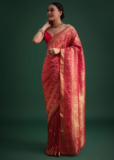 Pink Silk Saree With Zari Woven Jaal Work And Traditional Motif Border