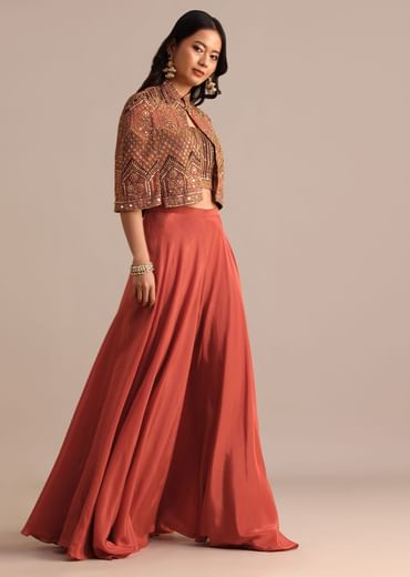 Brick Red Satin Palazzo Suit With Embroidered Cape Jacket