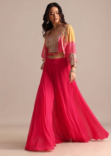 Pink And Orange Bandhani Printed Jacket Palazzo Suit