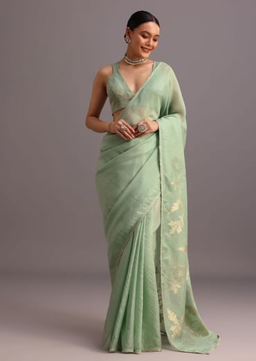 Pista Green Dola Silk Lurex Work Woven Saree With Unstitched Blouse