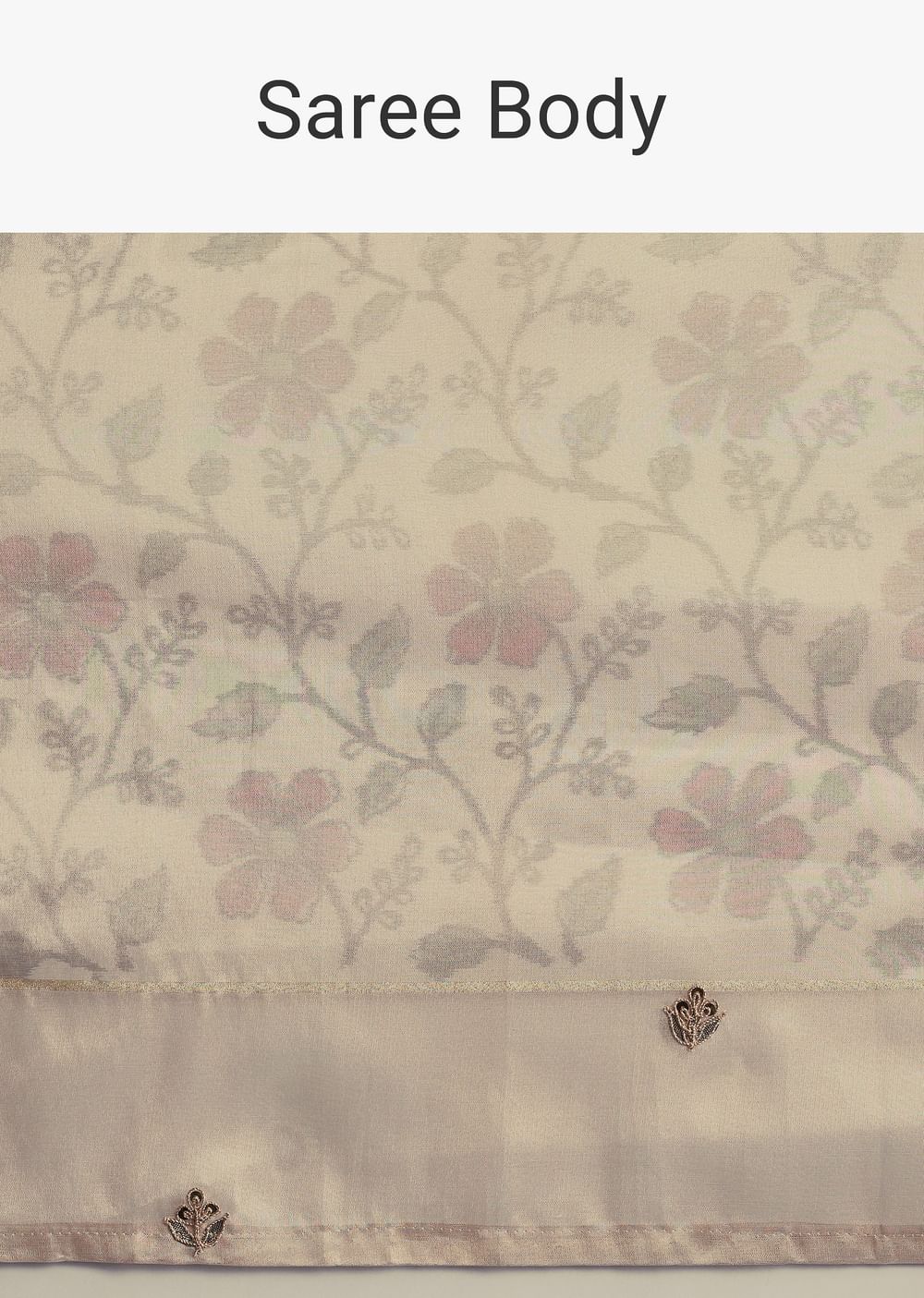 Beige Tissue Chanderi Floral Print Saree with Zardosi Work