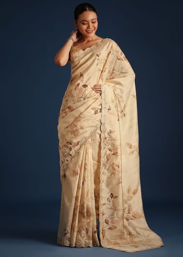 Off White Tussar Silk Floral Print Saree with Mirror Work