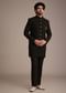 Black Silk Kurta Jacket Set With Patch Work Broach