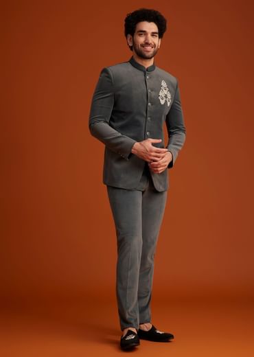 Grey Bandhgala With Embroidered Crest