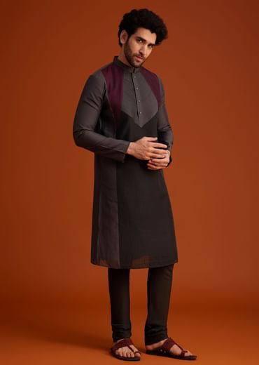 Wine Kurta Pajama Set With Contrast Panel Design