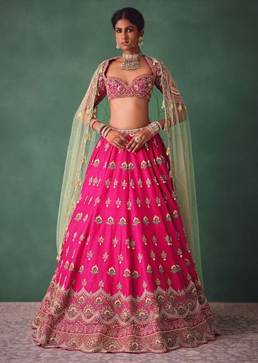 Deep Pink Bridal Butti Work Lehenga With Tassels on Blouse And Dupatta