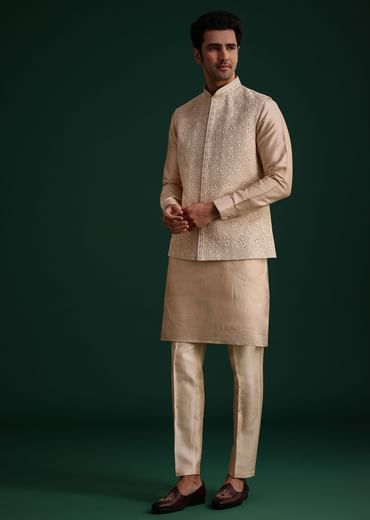 Beige Silk Kurta Set With Threadwork Jacket