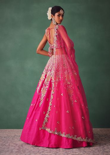 Fuschia Pink Raw Silk Multi Colour Threadwork Lehenga Dupatta With Embroidered Blouse