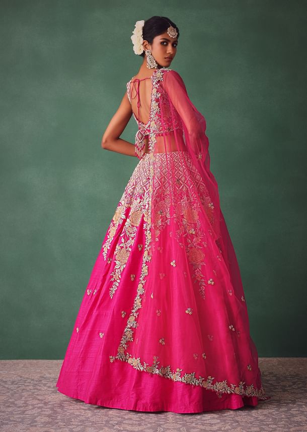 Fuschia Pink Raw Silk Multi Colour Threadwork Lehenga Dupatta With Embroidered Blouse