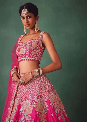 Fuschia Pink Raw Silk Multi Colour Threadwork Lehenga Dupatta With Embroidered Blouse