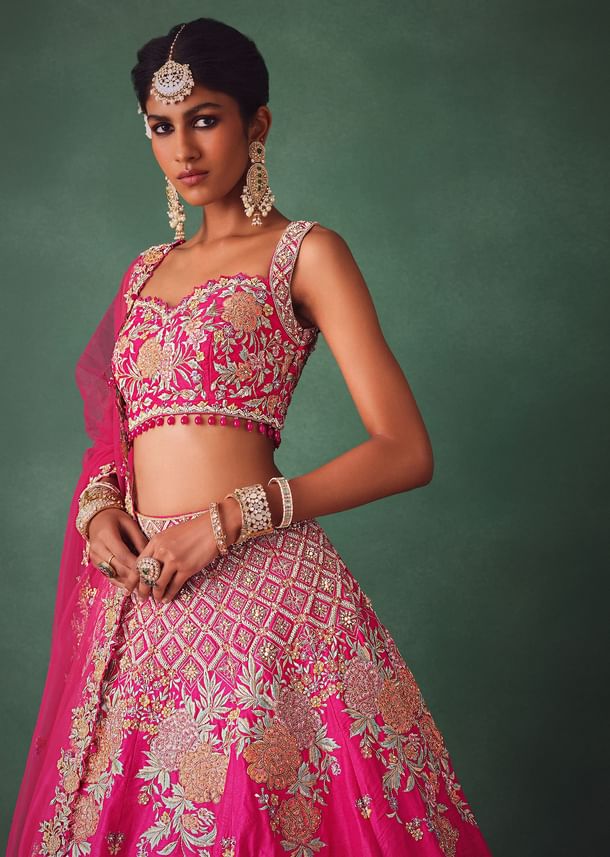 Fuschia Pink Raw Silk Multi Colour Threadwork Lehenga Dupatta With Embroidered Blouse