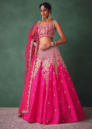 Fuschia Pink Raw Silk Multi Colour Threadwork Lehenga Dupatta With Embroidered Blouse