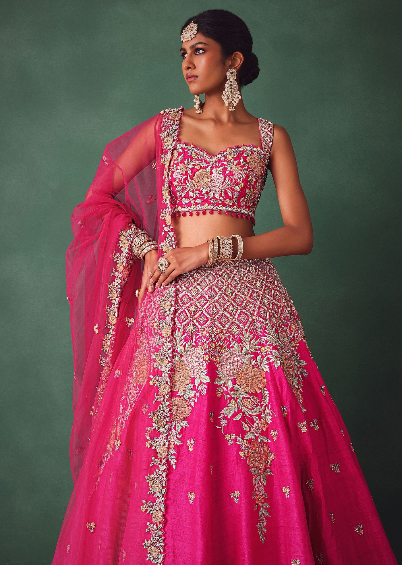 Fuschia Pink Raw Silk Multi Colour Threadwork Lehenga Dupatta With Embroidered Blouse