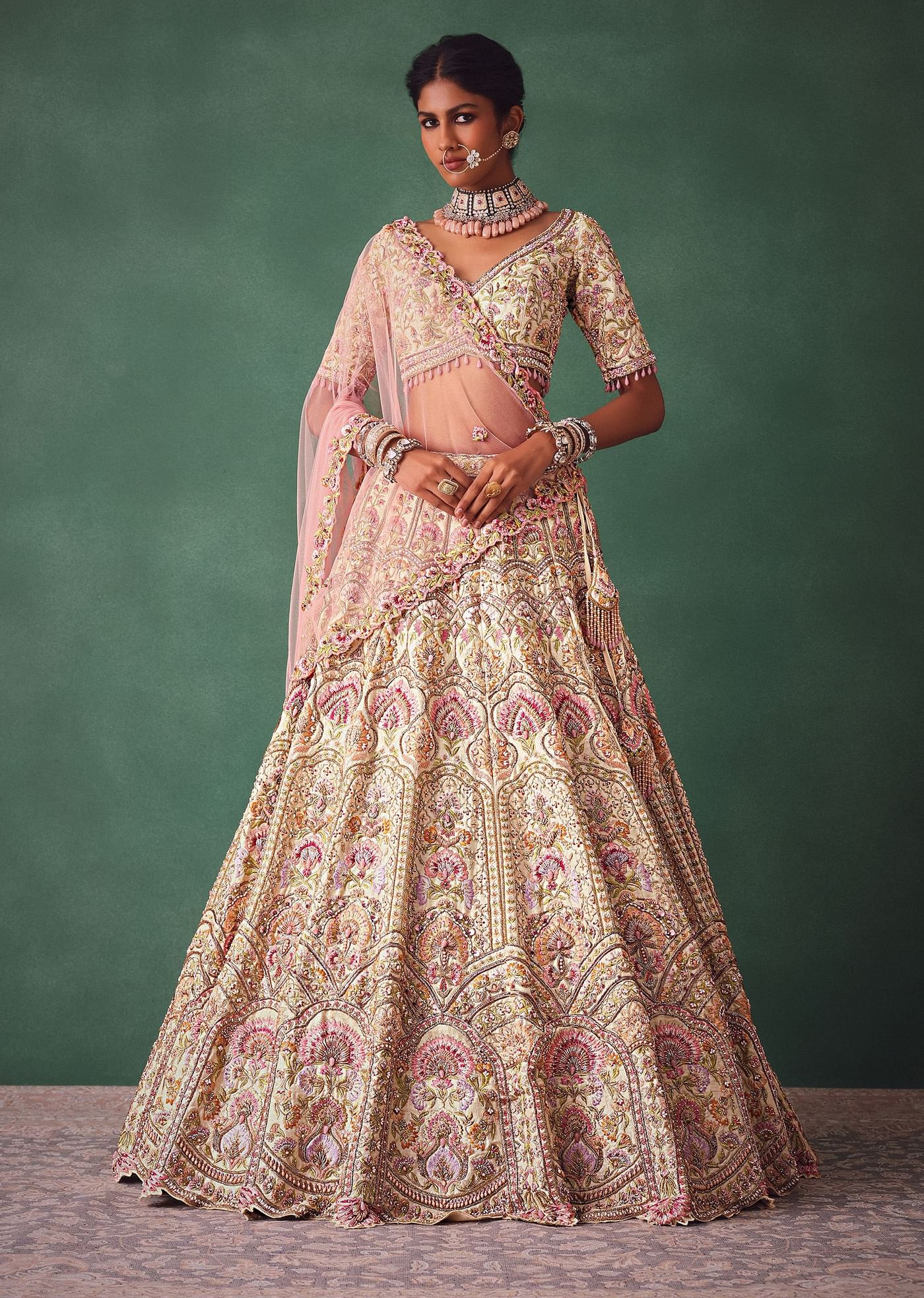 Off White Bridal Lehenga Blouse And Dupatta With Multi Colour Thread Work