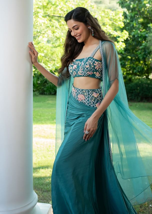 Hand Embroidered Blouse And Drape Skirt With Cape