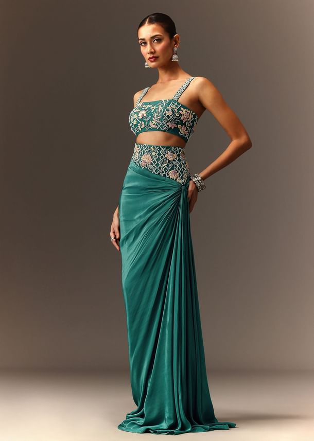 Hand Embroidered Blouse And Drape Skirt With Cape