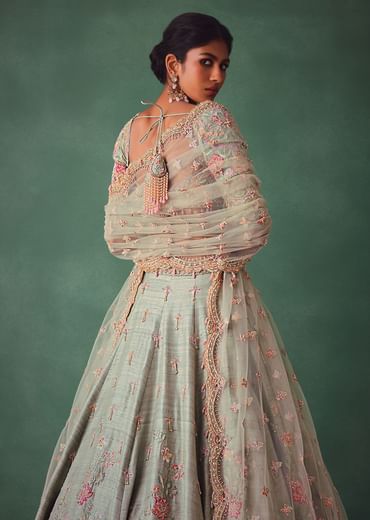 Sage Green Kali Lehenga With Embroidered Blouse And Dupatta