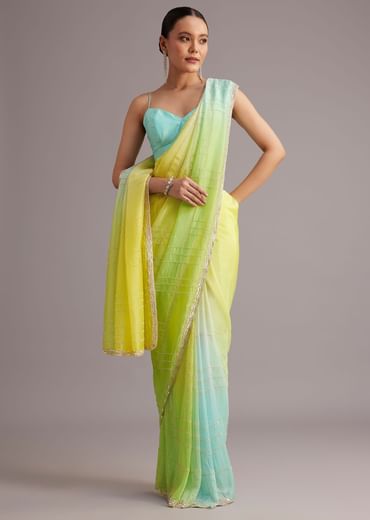 Soft Tissue Yellow Blue Shaded Saree Embroidered With Cutdana And Sequins