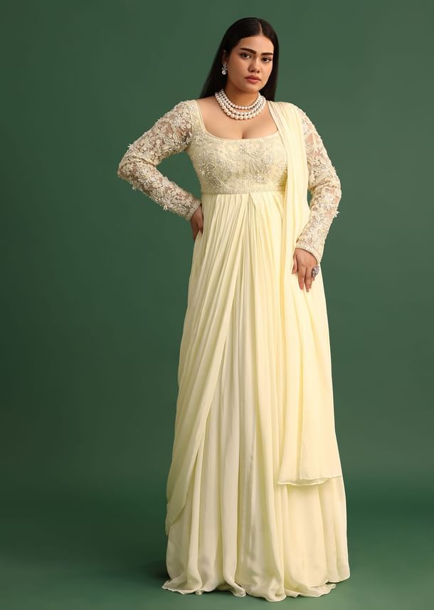 Off White Pallu Style Draped Anarkali Suit Off White Pallu Style Draped Anarkali Suit