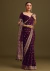 Purple Embroidered Saree With Zardosi Work And Unstitched Blouse