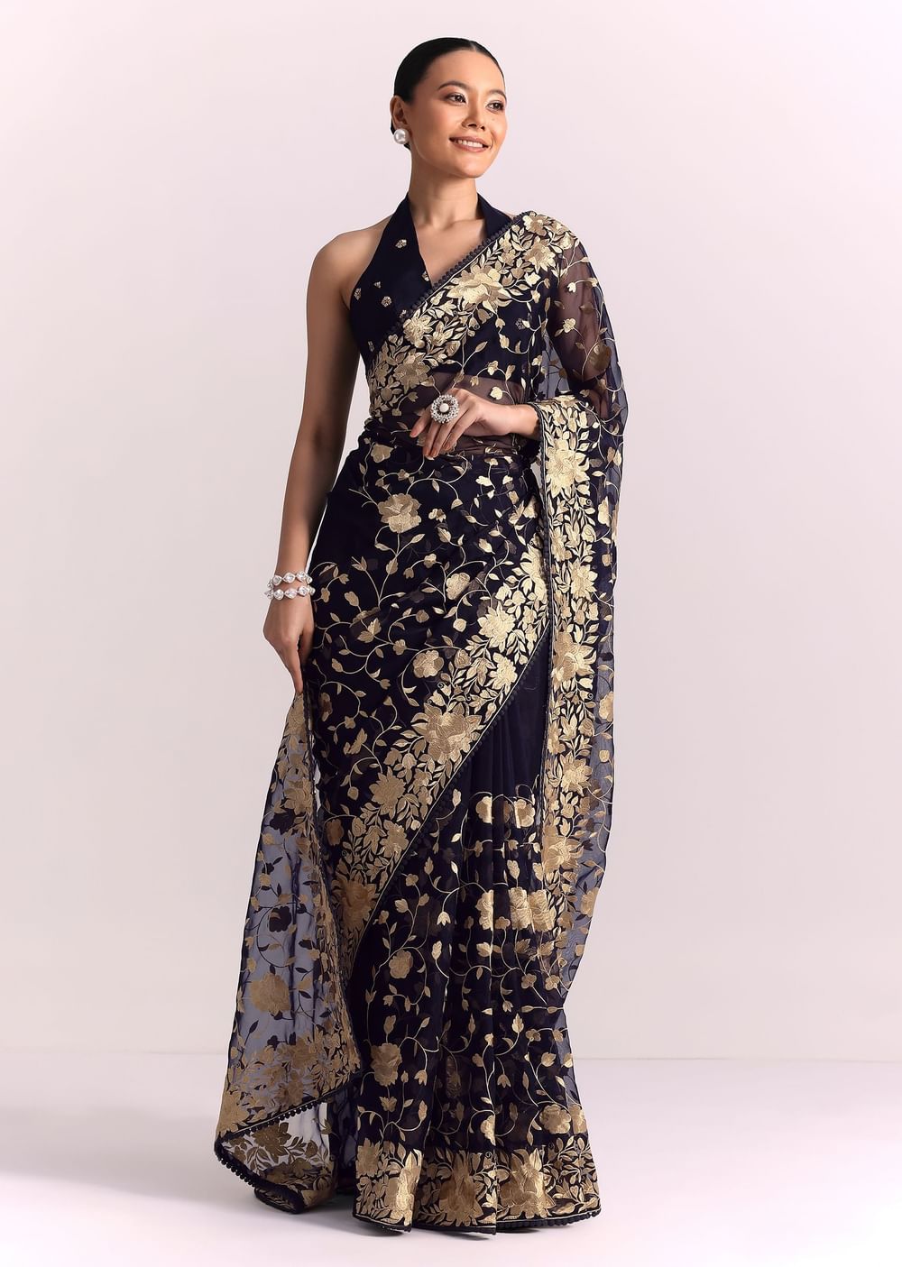 Blue Organza Parsi Gara Embroidered Saree