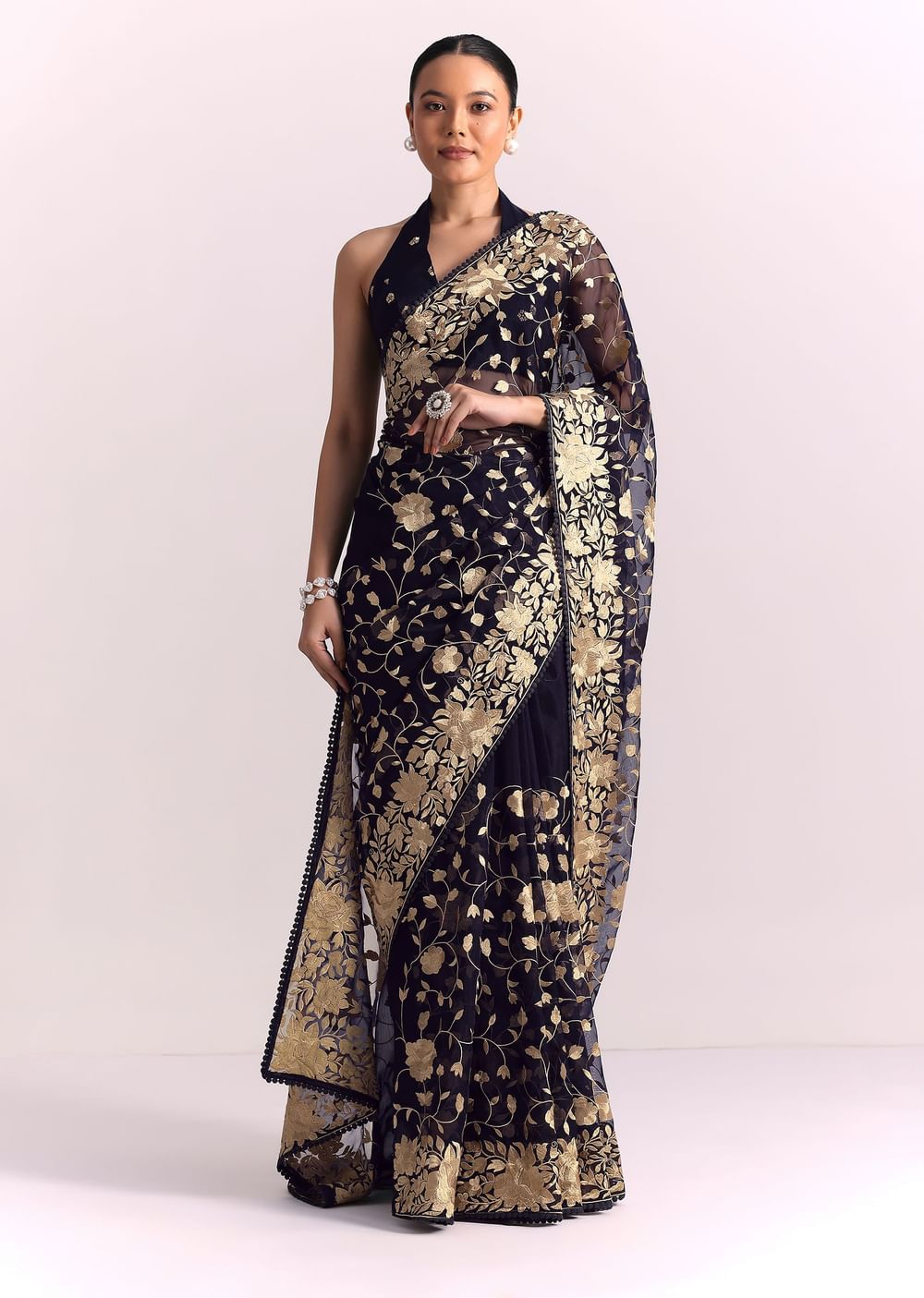 Blue Organza Parsi Gara Embroidered Saree