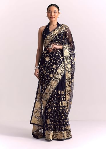 Blue Organza Parsi Gara Embroidered Saree