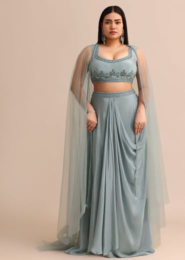 Sky Blue Draped Skirt With Cape