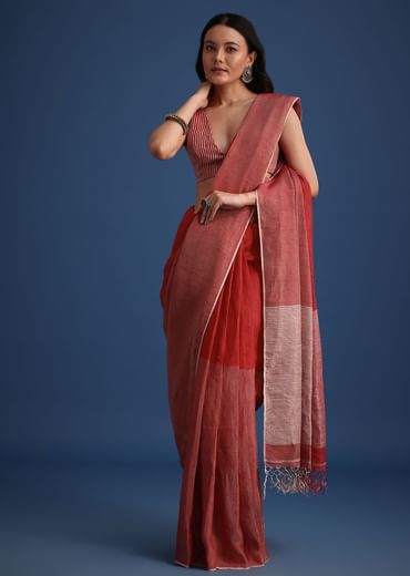 Red Linen Tissue Saree With Zari Border Pallu