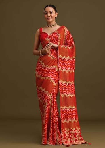 Red Khaddi Georgette Saree With Gotta Patti Border And Unstitched Blouse