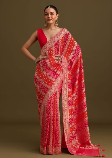 Pink Khaddi Georgette Saree With Gotta Patti Border And Unstitched Blouse