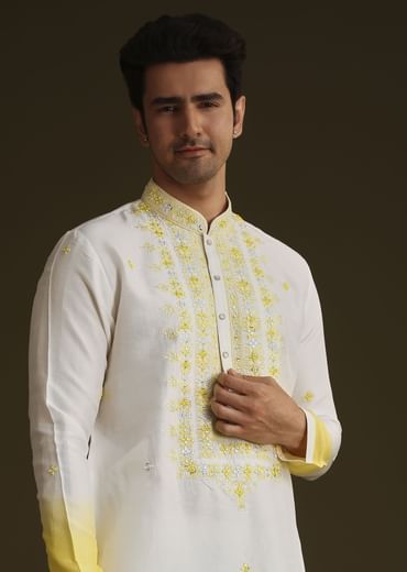 Yellow And Cream Ombre Silk Kurta Set