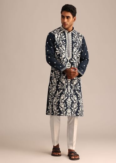 Navy Blue Kurta Set With Floral Resham Work
