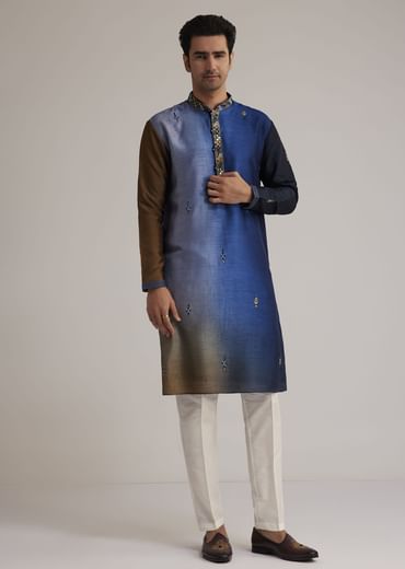 Blue Ombre Silk Kurta Set With Mirror Embellishments
