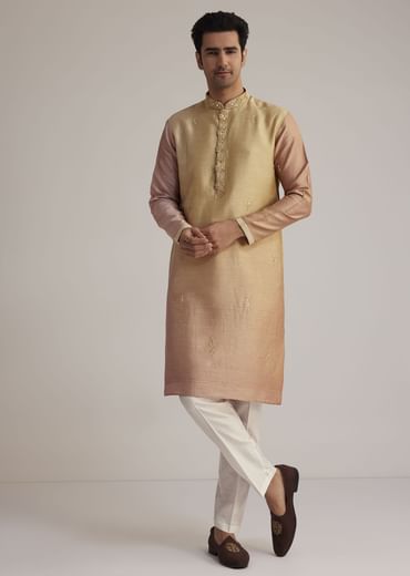 Beige Ombre Silk Kurta Set With Mirror Work