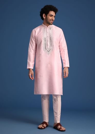 Pink Silk Kurta Set With Mirror Work