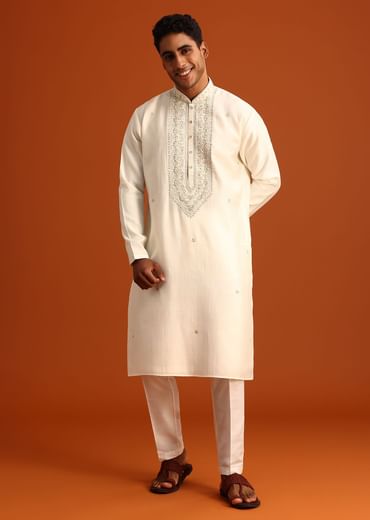 Cream Threadwork Kurta Set