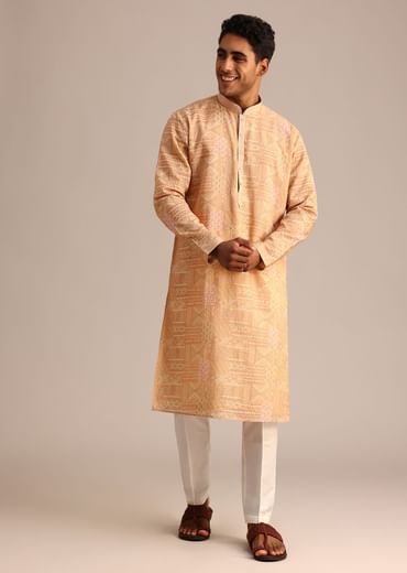 Yellow Silk Kurta Set With Printed Work