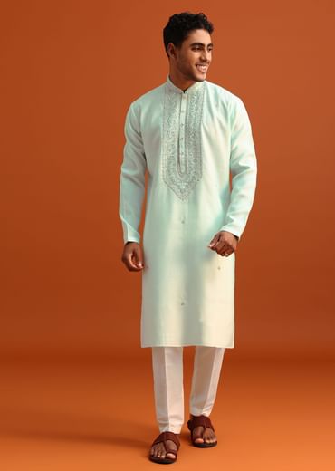 Blue Silk Hand Embroidered Kurta And Pant Set